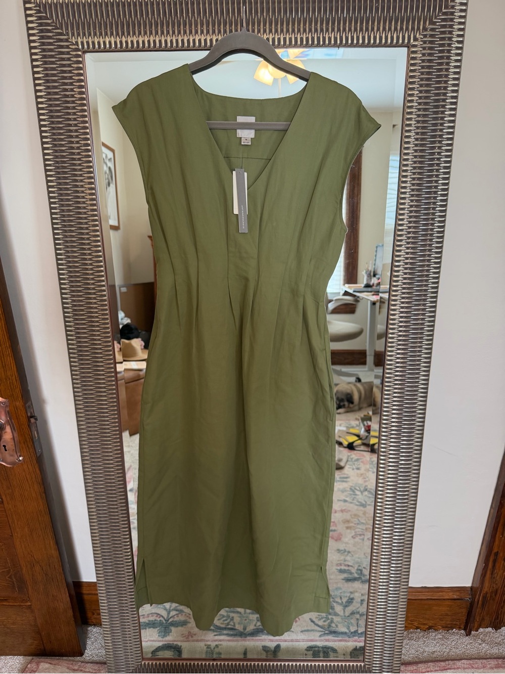 Maeve Anthropologie Olive V-Neck Midi Dress with Cap Sleeves